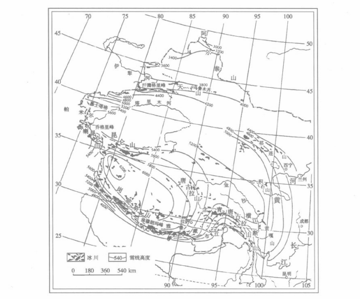 中国现代冰川分布和雪线高度 