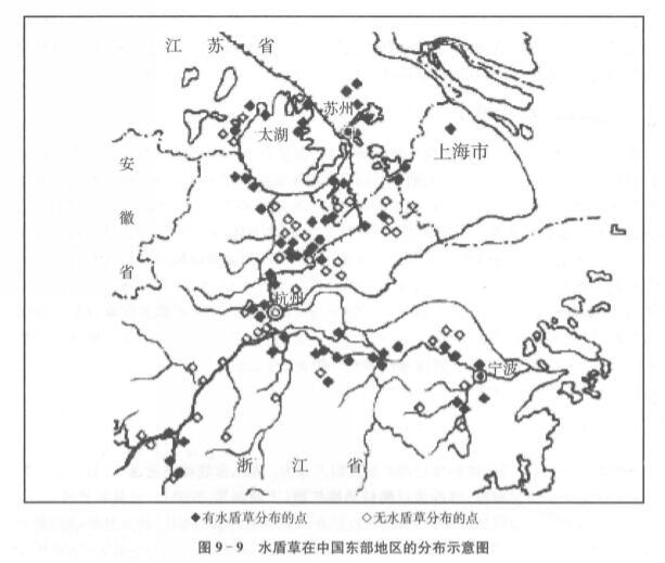 水盾草在中国东部地区的分布示意图