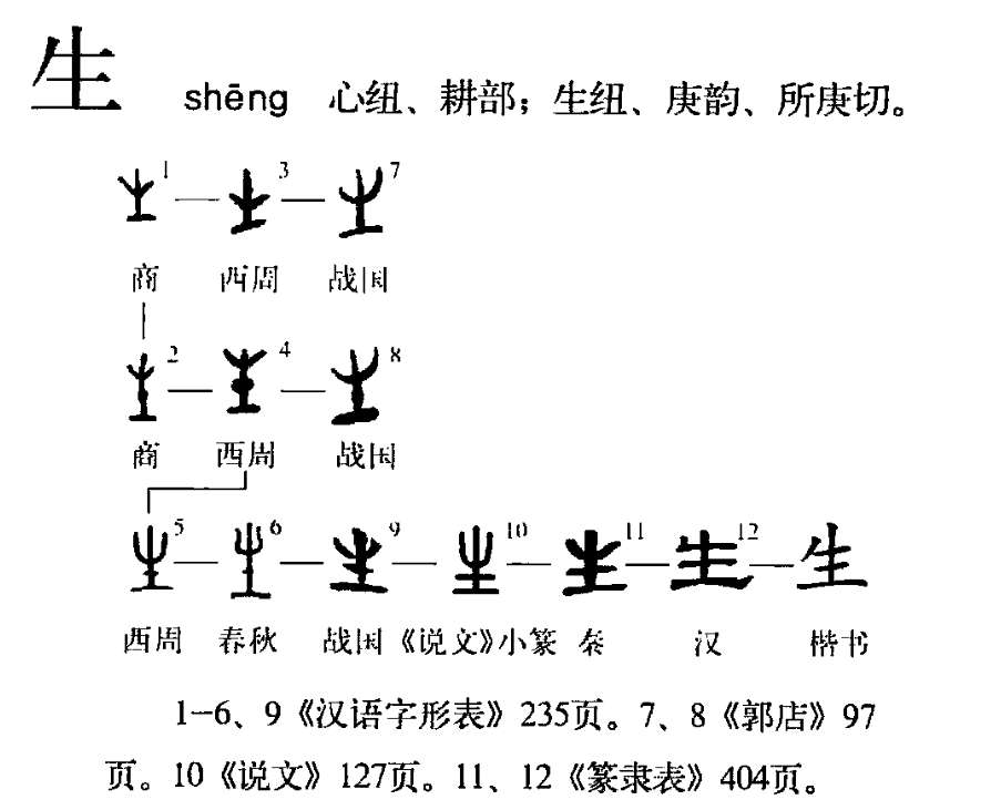 “生”字形演变流程图（文中出现序号参照此图所示文字） 