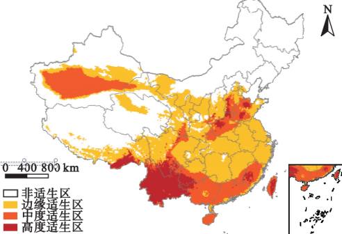 中国适生区预测示意图